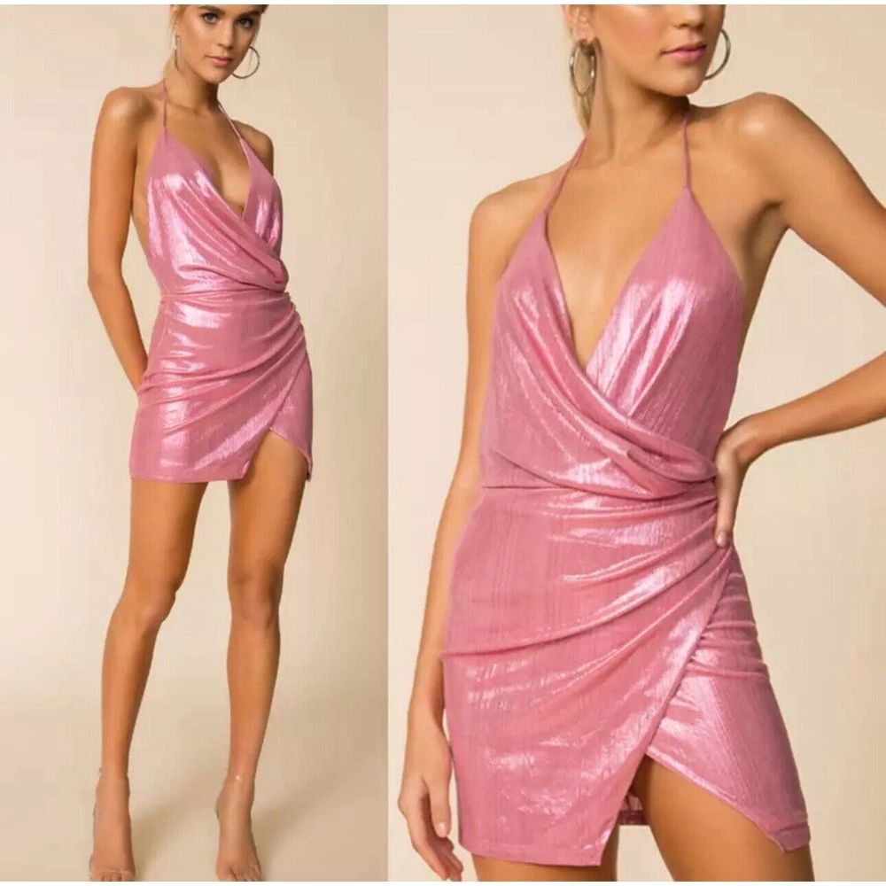 New Superdown Missie Wrap Front Mini Dress Medium Pink Metallic Party Barbiecore